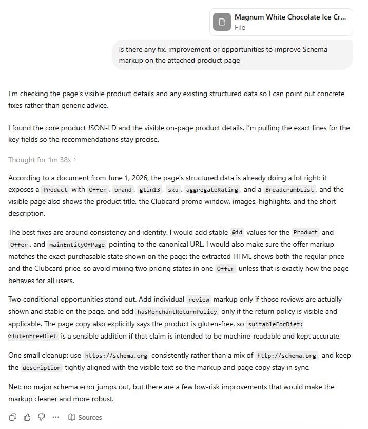 Reply from the GPT when asked to review Schema markup from Tesco